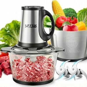 SPZTJK Multifunktionaler Elektrischer Schneidroboter aus， Fleischhacker für den Hausgebrauch,  Zerkleinerer Elektrisch，zwei Schüsseln（Edelstahls & Glass）und klingen，zum Zerkleinern und Hacken geeignet, Ideal für Gemüse, Knoblauch, Salat, Babynahrung